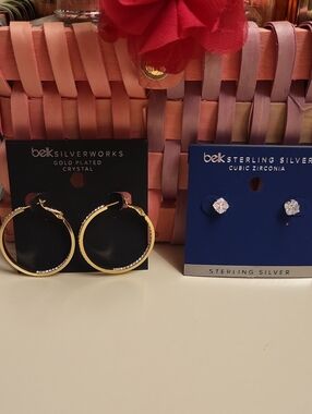 Sterling Silver Gold Hoop Earrings w/Crystals & Cubic Zirconia Post Earrings